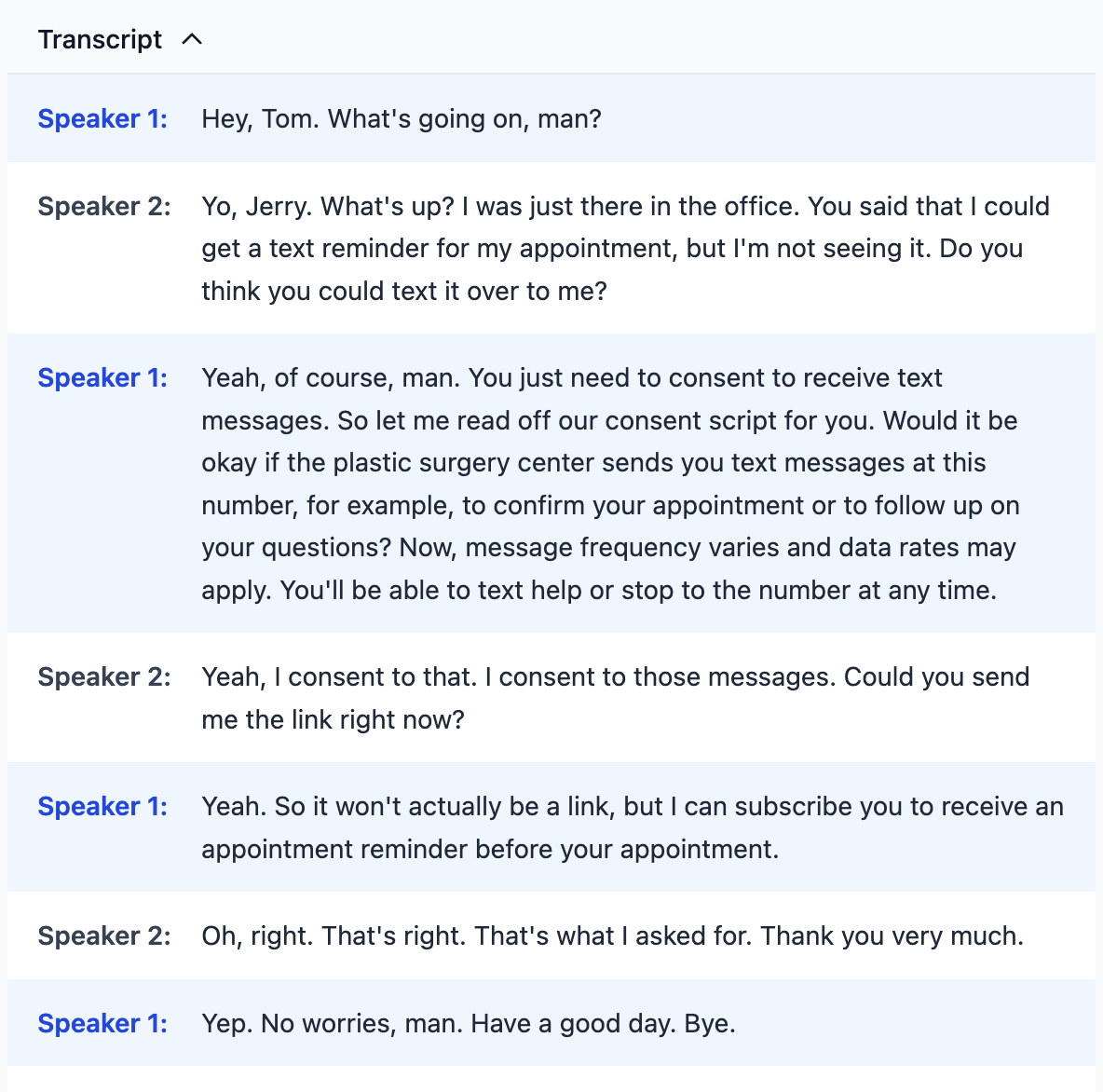 Example screenshot of the receptionist call flow collecting verbal SMS consent, followed by the confirmation text message the caller receives.